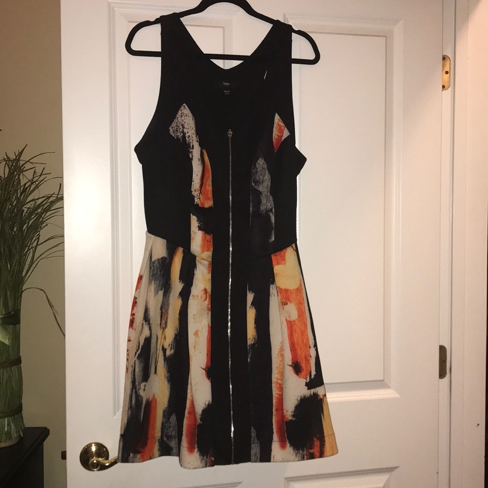 Black with peach/orange pattern dress